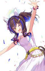 Rule 34 | 1girl, absurdres, animal ears, armpits, bare shoulders, bead bracelet, beads, belt, blue hair, bracelet, breasts, brown hair, confetti, daitaku helios (umamusume), dress, ear covers, earrings, fang, hair ornament, hairclip, highres, horse ears, horse girl, jewelry, looking at viewer, medium breasts, medium hair, multicolored hair, one eye closed, open mouth, ponytail, smile, solo, umamusume, white background, white dress, yamada auto, yellow belt, yellow eyes