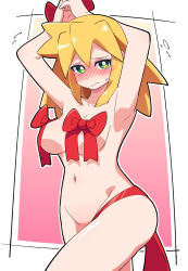 Rule 34 | 1girl, absurdres, arms up, blonde hair, bow, buzzlyears, green eyes, highres, long hair, looking at viewer, mega man (series), mega man legends (series), navel, nude, red bow, red ribbon, ribbon, roll caskett (mega man), solo, sweat