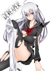 Rule 34 | 1girl, blue eyes, daive, dereaper, earrings, highres, jewelry, long hair, no bra, open mouth, original, school uniform, silver hair, solo, thighhighs, torn clothes, torn thighhighs