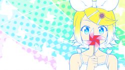 Rule 34 | 1girl, bare shoulders, blonde hair, blue eyes, bow, collarbone, commentary request, covered mouth, flower, hair bow, hair flower, hair ornament, hairclip, kagamine rin, looking at viewer, pinwheel, portrait, shirosato, short hair, sleeveless, solo, sunflower, sunflower hair ornament, vocaloid