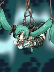 Rule 34 | 1girl, ball gag, bdsm, bondage, boots, bound, crotch rope, gag, gagged, green eyes, green hair, hatsune miku, hogtie, lilish, long hair, matching hair/eyes, necktie, rope, shibari, shibari over clothes, solo, suspension, sweat, thigh boots, thighhighs, twintails, very long hair, vocaloid