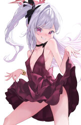 Rule 34 | 1girl, absurdres, ass, black choker, black hairband, blue archive, blush, breasts, choker, clothes lift, collarbone, dress, dress lift, gisi (gicgic draw), grey hair, grin, hairband, halo, highres, lifted by self, long hair, looking at viewer, mutsuki (blue archive), mutsuki (dress) (blue archive), one side up, pink eyes, pointy ears, red dress, red halo, simple background, sleeveless, sleeveless dress, small breasts, smile, solo, white background