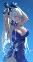 Rule 34 | 1girl, arms up, artist name, azur lane, blue background, blue dress, blue eyes, breasts, cleavage, cowboy shot, dress, flower, hair flower, hair ornament, highres, illustrious (azur lane), illustrious (never-ending tea party) (azur lane), large breasts, long hair, looking at viewer, mole, mole under eye, mouth hold, no panties, ponytail, ribbon, ribbon in mouth, side slit, sidelocks, simple background, sketch, solo, swd3e2, tying hair, very long hair, white hair