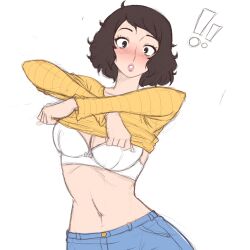 Rule 34 | !, !!, 1girl, absurdres, blue pants, blush, bra, breasts, brown hair, caught, clothes lift, highres, kawakami sadayo, large breasts, lips, looking at viewer, medium breasts, navel, nose blush, pants, parted lips, persona, persona 5, shirt, shirt lift, simmsy, simple background, sketch, solo, underwear, undressing, upper body, white background, white bra, yellow shirt