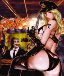 Rule 34 | ass, blonde hair, chaps, dixie clemets, explosion, facial hair, formal, gun, hat, looking at viewer, looking back, lowres, mustache, rumble roses, suit, weapon
