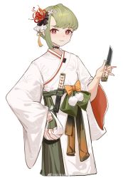 Rule 34 | 1girl, bad link, borrowed character, bow, chinese clothes, closed mouth, flat chest, flower, green hair, hair flower, hair ornament, hand on own hip, hand up, hanfu, highres, holding, holding knife, knife, light blush, long sleeves, looking at viewer, meinoss, mole, mole under mouth, orange bow, original, pom pom (clothes), red eyes, simple background, solo, spider lily, weibo watermark, white background, wide sleeves