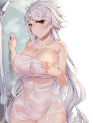 Rule 34 | 1girl, asymmetrical hair, breasts, collarbone, covered navel, cowboy shot, deep skin, gluteal fold, hair between eyes, hair down, image sample, impossible towel, jitome, kantai collection, large breasts, long hair, looking at viewer, pokoten (pokoten718), shiny skin, shower (place), silver hair, steam, steaming body, thighs, tile wall, tiles, towel, tumblr sample, unryuu (kancolle), very long hair, water, wavy hair, wet, wet towel, white towel, yellow eyes