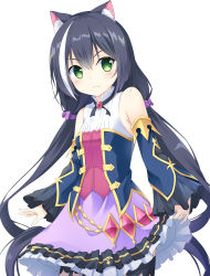 Rule 34 | 1girl, :t, animal ear fluff, animal ears, bare shoulders, black hair, blue sleeves, bow, breasts, brooch, cat ears, closed mouth, commentary, detached sleeves, frilled skirt, frills, green eyes, hair between eyes, hair bow, highres, jewelry, karyl (princess connect!), long hair, long sleeves, low twintails, multicolored hair, pout, princess connect!, purple bow, purple skirt, shirt, simple background, skirt, skirt hold, sleeveless, sleeveless shirt, sleeves past wrists, small breasts, solo, streaked hair, tomo pyon, twintails, v-shaped eyebrows, very long hair, white background, white hair, white shirt, wide sleeves