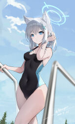Rule 34 | 1girl, absurdres, animal ear fluff, animal ears, blue archive, blue eyes, blue sky, blurry, blurry foreground, breasts, chinese commentary, closed mouth, cloud, collarbone, commentary request, competition swimsuit, covered navel, cross, cross hair ornament, dated, day, expressionless, extra ears, grey hair, hair ornament, halo, hanghan, highleg, highleg swimsuit, highres, inverted cross, looking at viewer, medium breasts, medium hair, mismatched pupils, multicolored clothes, multicolored swimsuit, official alternate costume, one-piece swimsuit, outdoors, shiroko (blue archive), shiroko (swimsuit) (blue archive), side ponytail, sidelocks, sky, solo, swimsuit, wolf ears, wolf girl