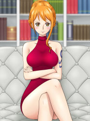 Rule 34 | 1girl, arm tattoo, artist request, bare shoulders, blush, book, breasts, brown eyes, couch, crossed arms, crossed legs, dress, earrings, eyelashes, female focus, halter dress, halterneck, jewelry, large breasts, nami (one piece), official alternate costume, one piece, orange hair, red dress, sitting, smile, solo, tattoo