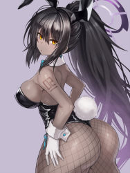Rule 34 | 1girl, animal ears, ass, bare shoulders, black hair, black leotard, blue archive, bow, bowtie, breasts, curvy, dark-skinned female, dark skin, deep skin, detached collar, fake animal ears, fake tail, fenalkun, fishnet pantyhose, fishnets, from behind, gloves, halo, highleg, highleg leotard, huge ass, karin (blue archive), karin (bunny) (blue archive), large breasts, leotard, long hair, looking at viewer, number tattoo, official alternate costume, orange eyes, pantyhose, playboy bunny, ponytail, rabbit ears, rabbit tail, shiny clothes, shiny skin, shoulder tattoo, sideboob, solo, tail, tattoo, thick thighs, thighs, traditional bowtie, very long hair, wide hips, wrist cuffs