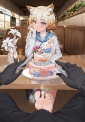 Rule 34 | 1girl, absurdres, animal ears, arknights, barefoot, blonde hair, blue eyes, blush, bulge, cake, erection, erection under clothes, feet, food, heterochromia, highres, light smile, long hair, looking at viewer, nightmare (arknights), public indecency, shoes, unworn shoes, soles, steam, toes, under table, unmei no watashijin, yellow eyes