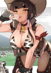 Rule 34 | 1girl, :p, absurdres, animal print, bell, bikini, black gloves, bottle, breasts, brown hair, cleavage, cloud, collar, cow, cow print, cowbell, cowboy hat, fingerless gloves, gloves, grey sky, gun, handgun, hat, highres, holding, holding bottle, jovejun, large breasts, long hair, looking at viewer, milk, neck bell, original, outdoors, print bikini, red collar, revolver, sky, smile, solo, swimsuit, thick eyebrows, thighs, tongue, tongue out, tsubomioka happa, weapon, yellow eyes