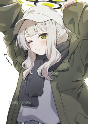 Rule 34 | 1girl, arms up, black scarf, blue archive, blush, closed mouth, coat, commentary request, green coat, green eyes, green halo, grey sweater, halo, hare (blue archive), hare (camp) (blue archive), hat, highres, jellycomeko, long sleeves, looking at viewer, medium hair, official alternate costume, one eye closed, scarf, simple background, solo, stretching, sweater, tears, twitter username, white background, white hat