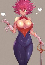 Rule 34 | 1girl, armband, armpit crease, bare shoulders, blush, bracelet, breasts, bright pupils, choker, closed mouth, collarbone, covered collarbone, cutie honey, gloves, green eyes, grey background, hair between eyes, hand on hilt, heart, heart bracelet, heart choker, highres, holding, holding sword, holding weapon, jewelry, kisaragi honey, large breasts, medium hair, motion lines, purple hair, shiny clothes, shiny skin, skindentation, smile, solo, spiked hair, sword, thick thighs, thighs, tight clothes, wakura (gcdan), weapon, white gloves, white pupils