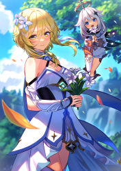 Rule 34 | 2girls, :d, blonde hair, closed mouth, detached sleeves, dress, falling leaves, floating, flower, genshin impact, hair between eyes, hair flower, hair ornament, halo, holding, holding flower, leaf, looking at viewer, lumine (genshin impact), multiple girls, open mouth, outdoors, paimon (genshin impact), scarf, short hair with long locks, single thighhigh, sky, sleeveless, sleeveless dress, smile, thighhighs, tree, unowen, white dress, white legwear, white scarf, yellow eyes