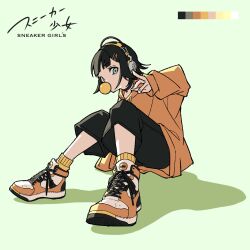 1girl bilingual black_pants blue_eyes bubble chewing_gum color_guide full_body gaako_illust headphones highres hood hoodie knees_up looking_at_viewer mixed-language_text orange_hoodie original pants shadow shoes short_hair sitting sneakers solo