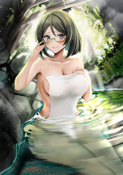 Rule 34 | 1girl, black hair, blush, breasts, cleavage, closed mouth, collarbone, covering privates, glasses, green-framed eyewear, grey eyes, highres, kantai collection, kirishima (kancolle), large breasts, naked towel, nude cover, onsen, partially submerged, revision, rock, short hair, smile, solo, towel, tree, water, yunamaro