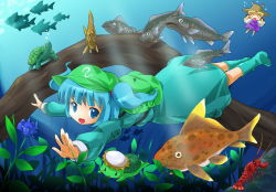 Rule 34 | 2girls, female focus, fish, gradient background, hat, kappa, kawashiro nitori, michii yuuki, moriya suwako, multiple girls, nature, plant, skirt, touhou, two side up, underwater