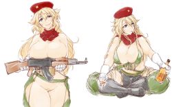 Rule 34 | 1girl, ak-47, ak-47 (girls&#039; frontline), alcohol, assault rifle, bare shoulders, beret, blonde hair, boots, breasts, cigarette, cleavage, commentary request, curvy, dandara (karakure), female pubic hair, girls&#039; frontline, gloves, gun, hat, highres, huge breasts, kalashnikov rifle, long hair, pubic hair, rifle, scarf, simple background, solo, thick thighs, thighs, weapon, white background, white gloves, wide hips