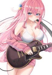 Rule 34 | 1girl, absurdres, bare shoulders, blue eyes, blush, bocchi the rock!, bra, breasts, cleavage, closed mouth, collarbone, crossed bangs, cube hair ornament, dokimaru, electric guitar, gibson les paul, gotoh hitori, guitar, hair between eyes, hair ornament, halterneck, highres, holding, holding instrument, instrument, jacket, large breasts, long hair, long sleeves, looking at viewer, off shoulder, one side up, pink hair, pink jacket, sidelocks, simple background, solo, track jacket, underwear, white background, white bra