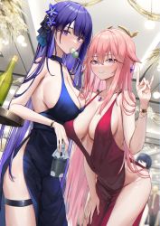 Rule 34 | 2girls, alcohol, alternate costume, animal ears, asymmetrical docking, bare hips, bare shoulders, blue dress, breast press, breasts, cleavage, cocktail dress, collarbone, cowboy shot, dress, earrings, floppy ears, food in mouth, formal, fox ears, genshin impact, hair between eyes, hand on own hip, highres, hip vent, indoors, jewelry, large breasts, leaning forward, long hair, looking at viewer, mouth hold, multiple girls, necklace, party, pink hair, piripun, plunging neckline, purple eyes, purple hair, raiden shogun, red dress, sideboob, smile, thigh strap, very long hair, yae miko
