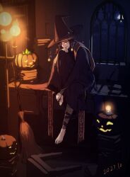 Rule 34 | 1girl, absurdres, alternate costume, bandages, barefoot, black hair, blue eyes, book, broom, chandelier, dated, dimly lit room, dot 7333, elden ring, halloween, hat, highres, holding own foot, indoors, jack-o&#039;-lantern, jewelry, light smile, long hair, looking at viewer, moon, night, night sky, pile of books, pumpkin, robe, shade, shadow, sitting, sitting on table, sky, sorceress sellen, witch, witch hat