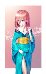 1girl absurdres alternate_costume bare_shoulders blue_eyes blush breasts brown_hair cleavage collarbone commentary_request female_focus go-toubun_no_hanayome hair_between_eyes highres japanese_clothes kimono large_breasts long_hair long_sleeves looking_at_viewer nakano_miku nay solo