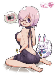 Rule 34 | 1girl, animal, backless outfit, bare back, barefoot, black-framed eyewear, black sweater, breasts, butt crack, capelet, commentary, dress, fate/grand order, fate (series), fou (fate), glasses, green eyes, hair over one eye, imaizumi teruhiko, large breasts, looking back, mash kyrielight, meme attire, naked sweater, open mouth, purple eyes, purple hair, short hair, sideboob, sitting, smile, sweater, sweater dress, virgin killer sweater, wariza, weighing scale, white background