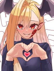 Rule 34 | 1girl, asymmetrical bangs, black sweater, blonde hair, blush, breasts, facial mark, fate/grand order, fate (series), grin, hair over one eye, heart, heart hands, highres, horns, large breasts, long hair, long sleeves, looking at viewer, nero claudius (fate), nero claudius (fate) (all), niwaikanai, pointy ears, queen draco (fate), queen draco (third ascension) (fate), red eyes, smile, solo, sweater