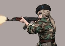 Rule 34 | 1girl, assault rifle, belt, beret, black hat, blonde hair, blue eyes, bosnia and herzegovina, brown background, brown belt, brown hat, camouflage, camouflage jacket, camouflage pants, coat of arms, commentary, firing, gun, hat, highres, holding, holding gun, holding weapon, jacket, kalashnikov rifle, long hair, looking to the side, mardjan, military, military jacket, original, pants, pouch, rifle, serious, simple background, solo, weapon, zastava m70