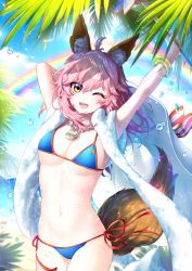 Rule 34 | 1girl, ;d, ahoge, arms up, bad id, bad pixiv id, bangle, beach towel, bikini, blue bikini, blue sky, blush, bracelet, breasts, brown eyes, cleavage, collarbone, cowboy shot, day, fate/grand order, fate (series), food, fox tail, highres, hm (wonhml), holding, jewelry, large breasts, long hair, navel, necklace, one eye closed, open mouth, outdoors, palm tree, pendant, pink hair, rainbow, red ribbon, ribbon, side-tie bikini bottom, sky, smile, solo, sparkle, standing, stomach, strap gap, string bikini, swimsuit, tail, tamamo (fate), tamamo no mae (fate/extra), tamamo no mae (swimsuit lancer) (fate), tamamo no mae (swimsuit lancer) (third ascension) (fate), towel, towel around neck, tree, water drop
