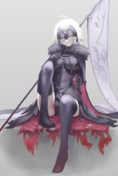 Rule 34 | 1girl, absurdres, ahoge, arm support, black thighhighs, blonde hair, cape, fate/grand order, fate (series), fur-trimmed cape, fur trim, headpiece, highres, jeanne d&#039;arc (fate), jeanne d&#039;arc alter (avenger) (fate), jeanne d&#039;arc alter (fate), na (oagenosuke), panties, pantyshot, sitting, solo, standard bearer, thighhighs, thighs, torn cape, torn clothes, underwear, yellow eyes