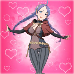 Rule 34 | 1girl, blue eyes, blush, braid, breasts, capelet, cleavage, fingerless gloves, fire emblem, fire emblem fates, floating hair, gloves, hairband, happy, heart, highres, legs, long hair, looking at viewer, nina (fire emblem), nintendo, open mouth, purple hair, simple background, small breasts, smile, solo, standing, thighs, twin braids, yuki (12cut)