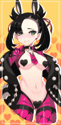 Rule 34 | 1girl, @ @, absurdres, asymmetrical bangs, bad id, bad pixiv id, black hair, black jacket, black pasties, blush, breasts, collar, commentary request, covered erect nipples, creatures (company), currystar, earrings, embarrassed, eyelashes, game freak, green eyes, hair ribbon, highres, jacket, jewelry, long sleeves, maebari, marnie (pokemon), medium breasts, meme attire, navel, nintendo, open clothes, pasties, pokemon, pokemon swsh, red ribbon, reverse bunnysuit, reverse outfit, ribbon, solo, sweat, teeth