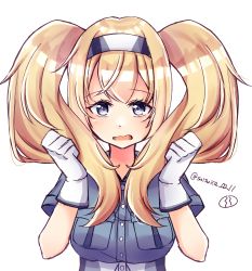 Rule 34 | 1girl, absurdres, blonde hair, blue eyes, blue shirt, breast pocket, breasts, collared shirt, gambier bay (kancolle), gloves, hairband, highres, holding, holding own hair, kantai collection, large breasts, long hair, looking at viewer, multicolored hairband, one-hour drawing challenge, pocket, shirt, solo, suzuki suika, twintails, upper body, white gloves