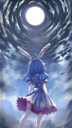 Rule 34 | 1girl, animal ears, anniversary, arms at sides, bloomers, blue dress, blue hair, cloud, copyright name, crescent print, dated, dress, earclip, english text, facing away, feet out of frame, frilled skirt, frills, from behind, full moon, highres, kayon (touzoku), legacy of lunatic kingdom, looking up, low twintails, mixed-language commentary, moon, night, outdoors, puffy short sleeves, puffy sleeves, rabbit ears, rabbit tail, seiran (touhou), short hair, short sleeves, skirt, sky, solo, standing, star (sky), star (symbol), star print, starry sky, tail, touhou, twintails, underwear, wind, wind lift