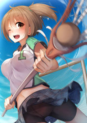 Rule 34 | 1girl, ;d, bad id, bad pixiv id, bike shorts, black shorts, blue skirt, blue sky, blush, breasts, brown eyes, brown hair, collared shirt, cowboy shot, day, hair tie, highres, holding, lacrosse, lacrosse ball, medium breasts, moe2017, motion lines, navel, one eye closed, open mouth, original, outdoors, plaid, plaid skirt, pleated skirt, rerrere, round teeth, shirt, short hair, short sleeves, shorts, side ponytail, skirt, sky, smile, solo, stomach, tareme, teeth, upskirt, white shirt, wing collar