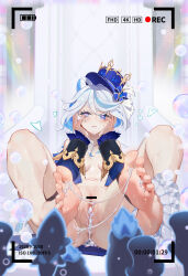 Rule 34 | 1girl, 912637808, absurdres, ahoge, air bubble, bar censor, bare legs, barefoot, blue eyes, blue hair, blue hat, blush, breasts, bubble, censored, feet, full body, furina (genshin impact), furrowed brow, genshin impact, hair between eyes, hands on own cheeks, hands on own face, hat, heart, heart-shaped pupils, heterochromia, highres, legs, light blue hair, liquid, long hair, medium breasts, multicolored hair, navel, pussy, sidelocks, sitting, solo, spread legs, stomach, suggestive fluid, symbol-shaped pupils, toenails, toes, wet