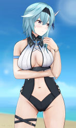 Rule 34 | 1girl, absurdres, arm strap, arm under breasts, bare shoulders, beach, blue hair, blue sky, blush, bracelet, breasts, brown eyes, cleavage, cowboy shot, dated, eula (genshin impact), genshin impact, hair between eyes, hair ornament, hairband, hand up, highres, jewelry, looking to the side, mabu, medium breasts, medium hair, navel, ocean, outdoors, signature, sky, solo, standing, swimsuit, thigh strap, water