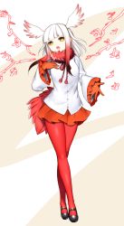 Rule 34 | 10s, 1girl, bad singing, bird tail, bird wings, breasts, crossed legs, eyelashes, full body, gloves, head wings, highres, japanese crested ibis (kemono friends), jitome, kemono friends, long sleeves, looking at viewer, multicolored hair, music, open mouth, pale skin, pantyhose, red pantyhose, shichimi, shoes, singing, skirt, solo, tail, wings, yellow eyes