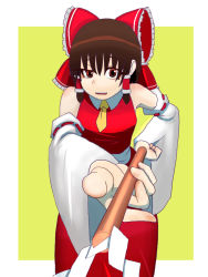Rule 34 | 1girl, ascot, bad id, bad pixiv id, bow, brown hair, collared shirt, confused, detached sleeves, foreshortening, gohei, hair bow, hair tubes, hakurei reimu, head tilt, large bow, long skirt, okahi, open mouth, raised eyebrow, red eyes, shirt, skirt, skirt set, solo, touhou, vest, wide sleeves