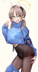 Rule 34 | 1girl, absurdres, animal ears, blue archive, blue sweater, brown hair, brown pantyhose, candy, clothes pull, fake animal ears, food, fuenyuan, glasses, hair ornament, halo, hand on own thigh, hand up, highres, holding, holding candy, holding food, holding lollipop, lollipop, long hair, long sleeves, looking at viewer, moe (blue archive), open mouth, pantyhose, pom pom (clothes), pom pom hair ornament, round eyewear, simple background, solo, standing, sweater, turtleneck, turtleneck sweater, twintails, yellow eyes