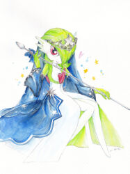 Rule 34 | 1girl, absurdres, artist name, blue bow, blue sleeves, bob cut, bow, closed mouth, clothed pokemon, colored skin, creatures (company), detached sleeves, female focus, flat chest, full body, game freak, gardevoir, gardevoir (royal winter), gen 3 pokemon, green hair, green skin, grey headwear, hair over one eye, hand up, happy, heart, highres, holding, holding polearm, holding spear, holding weapon, invisible chair, knees together feet apart, long sleeves, looking at viewer, mikka (2022asobumikka), multicolored skin, nintendo, one eye covered, pokemon, pokemon (creature), pokemon cafe remix, polearm, red eyes, short hair, signature, simple background, sitting, smile, solo, sparkle, spear, star (symbol), tiara, traditional media, two-tone skin, veil, waist cape, weapon, white background, white skin, wide sleeves