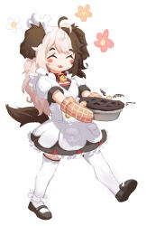 Rule 34 | 1girl, aged down, animal ears, antenna hair, bell, black footwear, blush, breasts, brown gloves, brown hair, closed eyes, collar, commentary, dog ears, dog girl, dog tail, dress, facing viewer, fang, flower, food, foot up, frilled dress, frills, full body, gloves, greentree, grey hair, hachiko of castling, highres, holding, jingle bell, last origin, long hair, maid, mary janes, multicolored hair, neck bell, open mouth, orange flower, pie, red collar, red flower, shoes, simple background, small breasts, solo, split-color hair, tail, thighhighs, two-tone hair, white background, white dress, white flower, white thighhighs