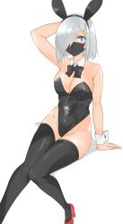 Rule 34 | 1girl, absurdres, animal ears, arm up, black bow, black bowtie, black leotard, black thighhighs, blue eyes, bow, bowtie, breasts, cleavage, detached collar, grey hair, hair ornament, hair over one eye, hairclip, hamakaze (kancolle), highres, kantai collection, large breasts, leotard, maonatten, mask, mouth mask, playboy bunny, rabbit ears, short hair, simple background, sitting, smile, solo, strapless, strapless leotard, thighhighs, white background, wrist cuffs