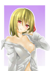 Rule 34 | 1girl, bad id, bad pixiv id, bare shoulders, blonde hair, blush, breasts, hair ribbon, highres, muchi maro, nipples, open clothes, open mouth, open shirt, red eyes, ribbon, rumia, shirt, short hair, small breasts, smile, solo, touhou