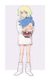 Rule 34 | 1boy, absurdres, alternate costume, border, character doll, commentary, doll, galo thymos, green hair, grid background, highres, holding, holding doll, kome 1022, light blush, lio fotia, looking at viewer, loose socks, male focus, no pants, oversized clothes, oversized shirt, promare, purple eyes, shirt, short hair, socks, solo, standing, symbol-only commentary, trap, white border, white shirt, white socks