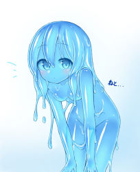 Rule 34 | 1girl, blue eyes, blue hair, blue sclera, blue skin, blue theme, blush, breasts, closed mouth, colored sclera, colored skin, curss, grey background, highres, leaning forward, long hair, looking at viewer, medium breasts, monster girl, notice lines, original, slime girl, solo, standing, thigh gap, transparent