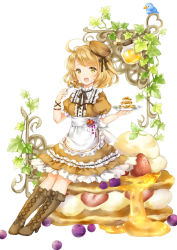 Rule 34 | 1girl, :d, bad id, bad pixiv id, bee, bird, black bow, blonde hair, blueberry, boots, bow, bracelet, brown footwear, brown hat, brown skirt, bug, cross-laced footwear, dress, eating, food, food-themed ornament, food on face, fork, frills, fruit, full body, grapes, hat, honey, insect, jar, jewelry, knee boots, lace-up boots, leaf, looking at viewer, open mouth, original, oversized object, pancake, personification, plate, pocketland, puffy short sleeves, puffy sleeves, short hair, short sleeves, sitting, skirt, smile, strawberry, wataame27, white bow, yellow eyes
